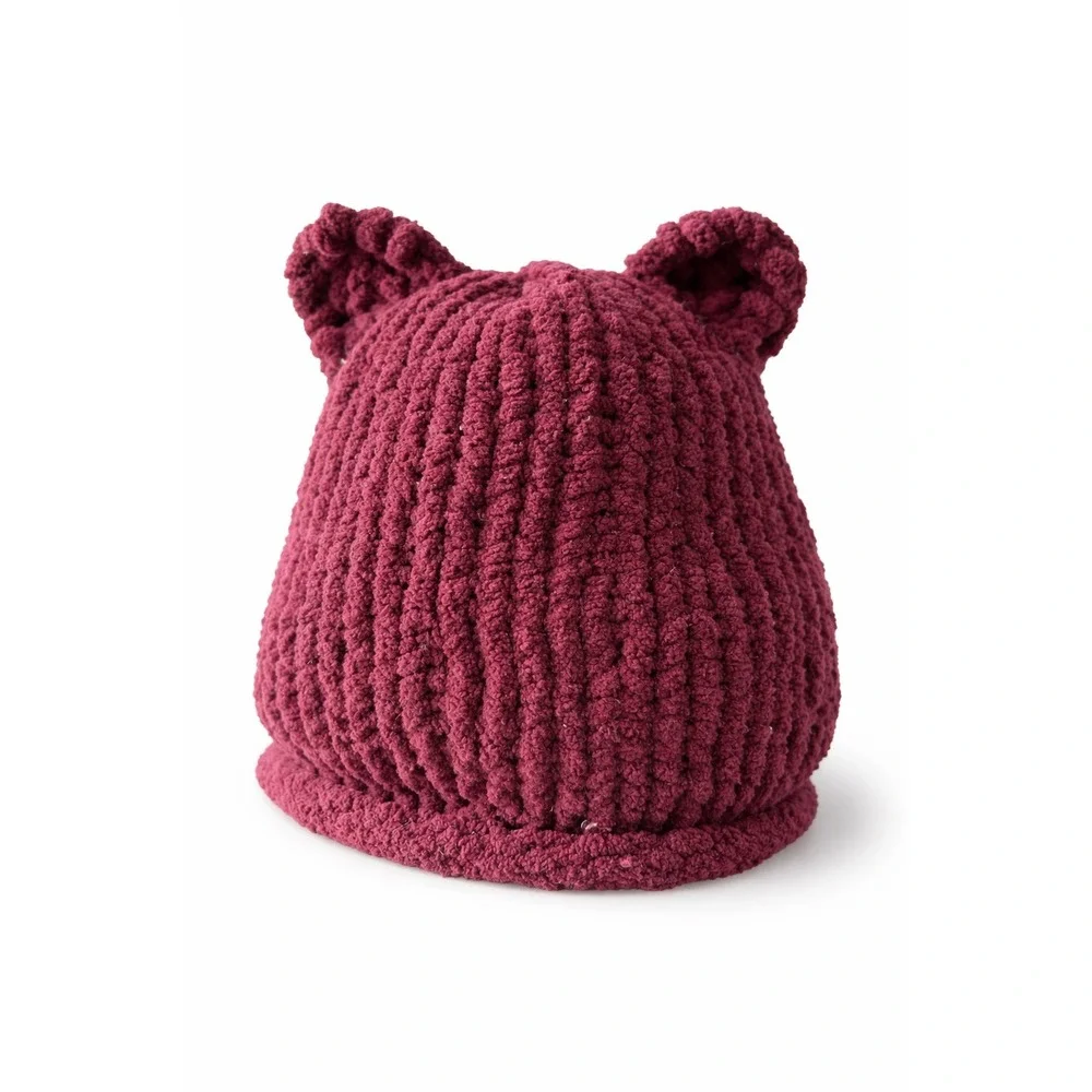 Handmade 0-3 mo‎ Crochet Beanie Set White Pink Flower Burgundy Bear Ears 2 Pack